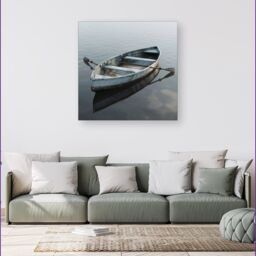 Warren Reed - Designer Boat On The Lake Canvas in Grey - Size: w40 inch x h40 inch - thumbnail 1