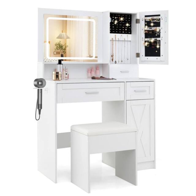 Costway Makeup Vanity Desk Farmhouse Dressing Table & Stool Set w/ Drawers in White - image 1