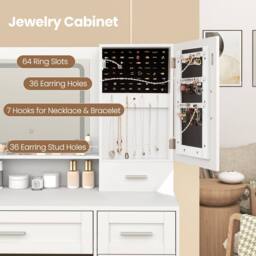 Costway Makeup Vanity Desk Farmhouse Dressing Table & Stool Set w/ Drawers in White - thumbnail 2