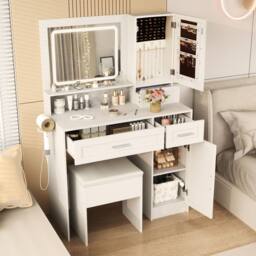 Costway Makeup Vanity Desk Farmhouse Dressing Table & Stool Set w/ Drawers in White - thumbnail 4