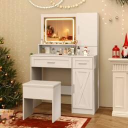 Costway Makeup Vanity Desk Farmhouse Dressing Table & Stool Set w/ Drawers in White - thumbnail 6