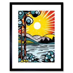 "Artery8 Wall Art Print Sunset Lakeside Landscape Comic Book Style Bubble Patterns Halftone Artwork Framed 9X7 Inch in Black - Size: W7"" x H9""" - thumbnail 1