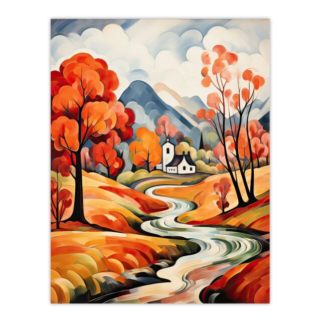 "Artery8 Wall Art Print Autumn Countryside Landscape Painting River Village Poster in Orange - Size: W18"" x H24""" - image 1