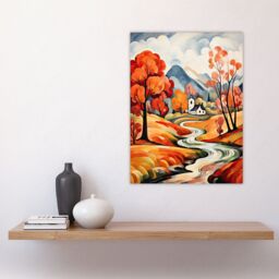 "Artery8 Wall Art Print Autumn Countryside Landscape Painting River Village Poster in Orange - Size: W18"" x H24""" - thumbnail 4