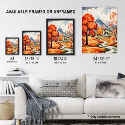 "Artery8 Wall Art Print Autumn Countryside Landscape Painting River Village Poster in Orange - Size: W18"" x H24""" - thumbnail 3