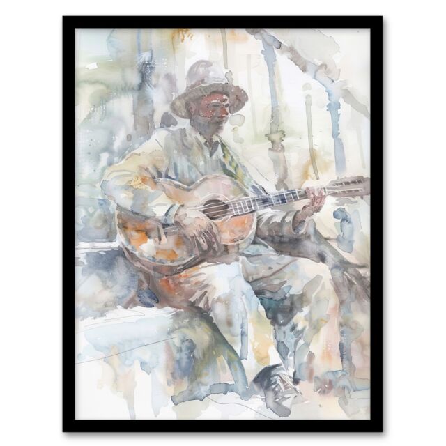 "Artery8 Street Musician Playing Guitar Watercolour Framed Art Print in Grey - Size: W12"" x H16""" - image 1