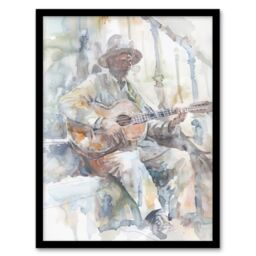 "Artery8 Street Musician Playing Guitar Watercolour Framed Art Print in Grey - Size: W12"" x H16""" - thumbnail 1