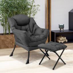 Costway Lazy Chair w/Ottoman Modern Leisure Chair Lounge Chair w/Pillow in Grey - thumbnail 9