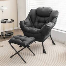 Costway Lazy Chair w/Ottoman Modern Leisure Chair Lounge Chair w/Pillow in Grey - thumbnail 3