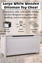 Hygrad Built to Survive Large Wooden Ottoman Toy Chest Storage Box For Children in White