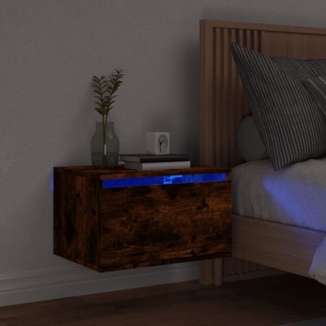 Berkfield Home Wall-mounted Bedside Cabinet with LED Lights Smoked Oak in Brown - image 1