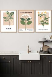ARTZE Set of 3 Oak Framed Vintage Graphical Yellow Wild Flower Market Wall Art in Bright Yellow - Size: W45 cm x H62 cm x D20mm
