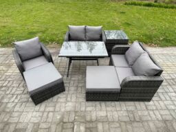 Fimous 7 Seater Outdoor Garden Dining Sets Rattan Furniture With Dining Table Armchairs Love Sofa 2 Big Footstool Side Table Dark Grey Mixed - thumbnail 2