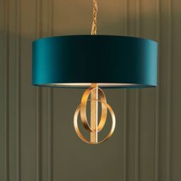 Loops Antique Gold Ceiling Pendant Light & Teal Satin Shade - 3 Bulb Hanging Fitting - thumbnail 4