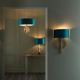 Loops Antique Gold Ceiling Pendant Light & Teal Satin Shade - 3 Bulb Hanging Fitting - thumbnail 5