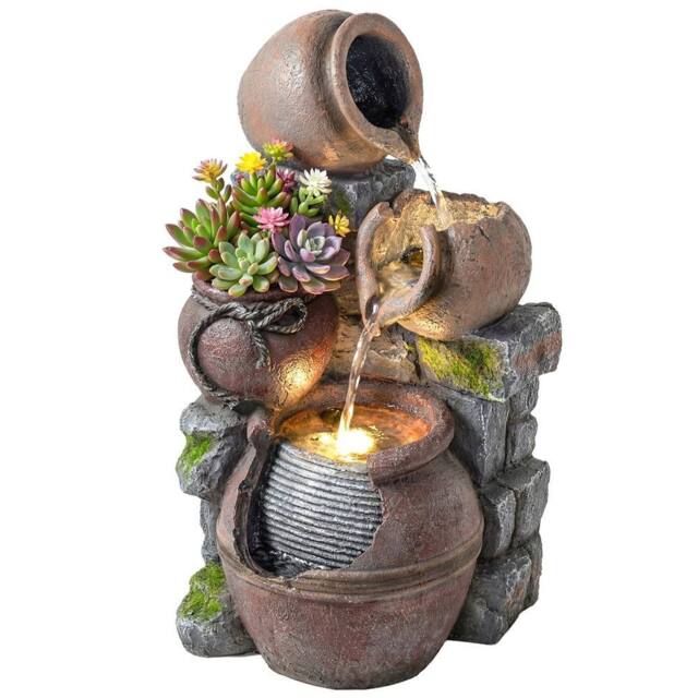 Nordara 4-Tier Outdoor Garden Water Fountain Decor with LED Lights in Brown - Size: 100 cm x 60 cm - image 1