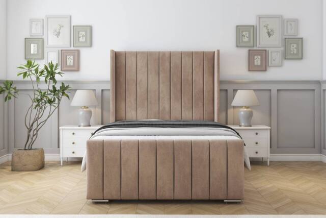 "Sloomy Luthor Naples Bed Frame With 50"" Upholstered Wingback Headboard in Light Brown - Size: Small Double" - image 1