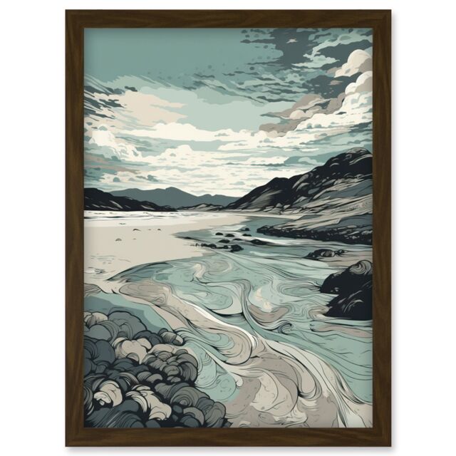 Artery8 Luskentyre Beach Coastal Landscape Illustration Artwork Framed Wall Art Print A4 in Brown - image 1