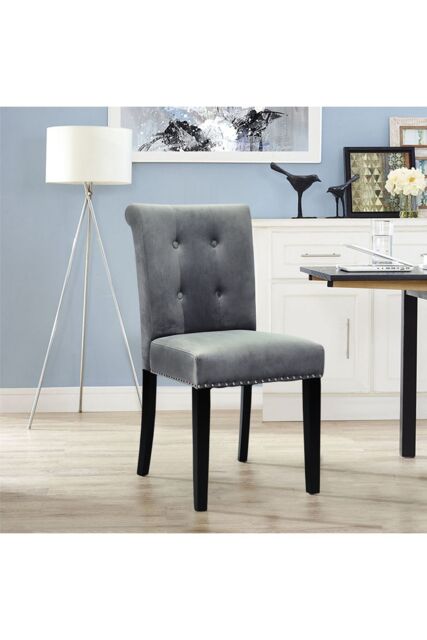 Tufted Velvet Chair Dining Chair with Nailhead Trim in Light Grey - image 1