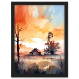 Artery8 Sunrise Clouds over Countryside Farmhouse Cabin with Old Windmill Tower Modern Watercolour Painting Artwork Framed Wall Art Print A4 in Black - thumbnail 1