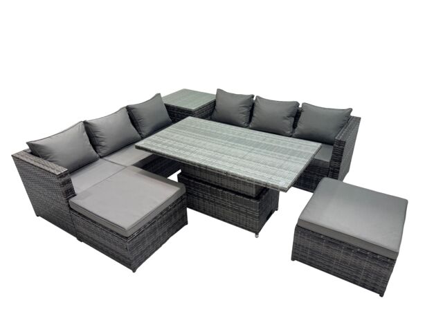 Fimous 8 Seater Outdoor Garden Rattan Furniture Set with 2 Big Stools in Dark Grey - image 1