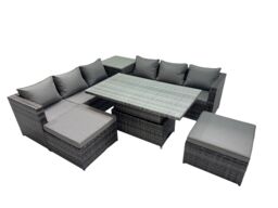 Fimous 8 Seater Outdoor Garden Rattan Furniture Set with 2 Big Stools in Dark Grey - thumbnail 1