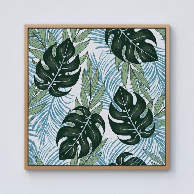 Warren Reed - Designer Tropical Pattern With Bright Plants & Flowers Framed Canvas in Light Brown - Size: w40 inch x h40 inch - image 1