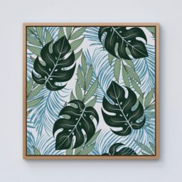 Warren Reed - Designer Tropical Pattern With Bright Plants & Flowers Framed Canvas in Light Brown - Size: w40 inch x h40 inch - thumbnail 1