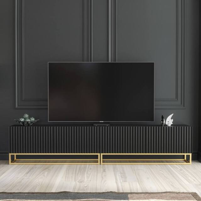 Mex Furniture LTD TV Unit Ripple Duo 200cm - Black with Fluted Doors - image 1