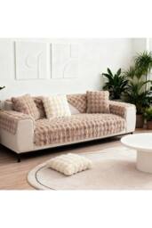 Living and Home Sleek Textured Plush Sofa Cover in Light Brown - Size: Small - thumbnail 3