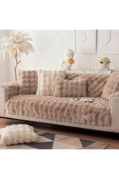 Living and Home Sleek Textured Plush Sofa Cover in Light Brown - Size: Small - thumbnail 2