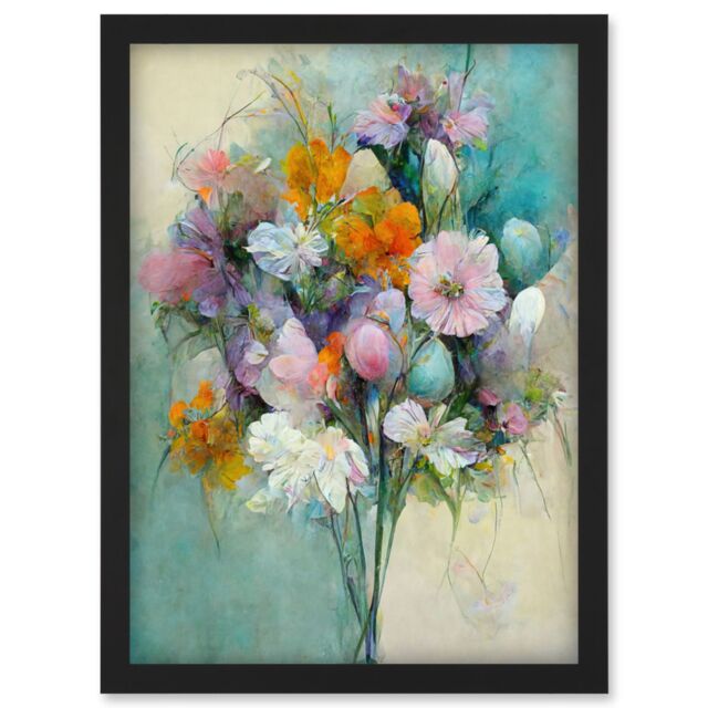 Artery8 Watercolour Pink Orange & Teal Spring Flower Bouquet Illustration Artwork Framed Wall Art Print A4 in Black - image 1