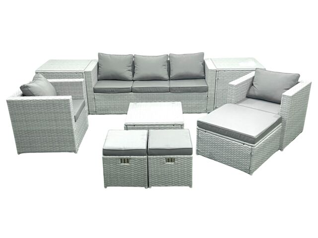 Fimous Rattan Garden Outdoor Furniture Sofa Set with Square Coffee Table 2 Chairs 3 Footstools 2 Side Tables Light Grey Mixed - image 1