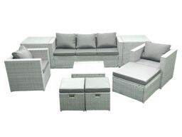 Fimous Rattan Garden Outdoor Furniture Sofa Set with Square Coffee Table 2 Chairs 3 Footstools 2 Side Tables Light Grey Mixed - thumbnail 2