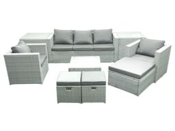 Fimous Rattan Garden Outdoor Furniture Sofa Set with Square Coffee Table 2 Chairs 3 Footstools 2 Side Tables Light Grey Mixed - thumbnail 1