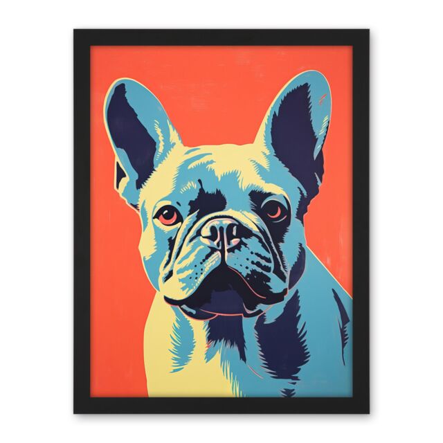 "Artery8 Wall Art Print French Bulldog Colour Block Coral Orange Blue Vibrant Pet Portrait Cute Large Framed Wall Décor Art - Size: W18"" x H24""" - image 1