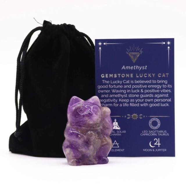 KDMD Amethyst & purple Obsidian Lucky Cat Figurine - Protective Gemstone - image 1