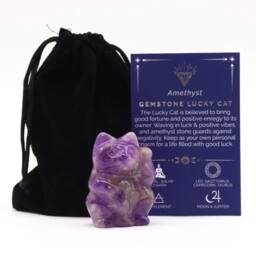 KDMD Amethyst & purple Obsidian Lucky Cat Figurine - Protective Gemstone - thumbnail 1