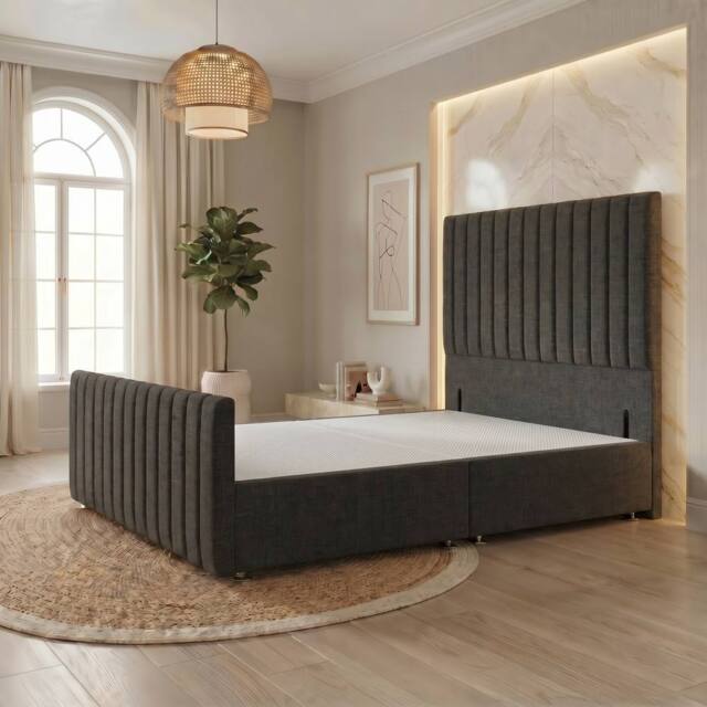 "Somnior Eleanor Linen Divan Base No Drawers 54"" Headboard & 22"" Footboard in Dark Grey - Size: Super King" - image 1