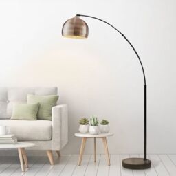 Teamson Home Modern Curved Arc Floor Lamp with Bell Shade & Marble Base, Antique Brass in Bronze - thumbnail 4