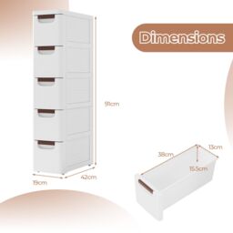 Costway 5-Drawer Narrow Storage Cabinet Bathroom Rolling Plastic Cart Container in White - thumbnail 3