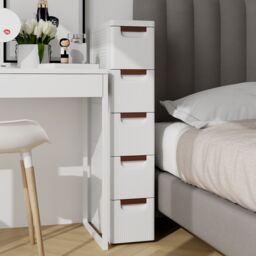 Costway 5-Drawer Narrow Storage Cabinet Bathroom Rolling Plastic Cart Container in White - thumbnail 5