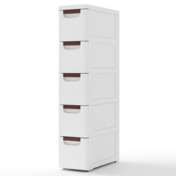 Costway 5-Drawer Narrow Storage Cabinet Bathroom Rolling Plastic Cart Container in White - thumbnail 2
