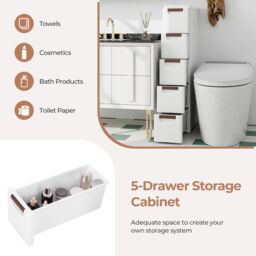 Costway 5-Drawer Narrow Storage Cabinet Bathroom Rolling Plastic Cart Container in White - thumbnail 6