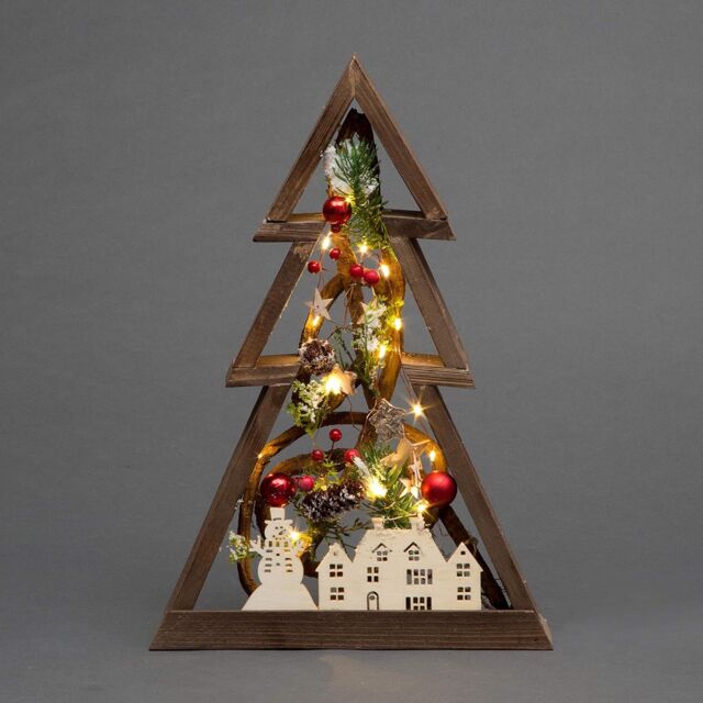 Shatchi 40cm Prelit Wooden Tree Frame Tabletop Decorations Xmas Ornament Gifts Decorated with Leaves Pine Cones Berries 3D Nordic Scene in Brown - image 1