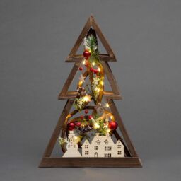 Shatchi 40cm Prelit Wooden Tree Frame Tabletop Decorations Xmas Ornament Gifts Decorated with Leaves Pine Cones Berries 3D Nordic Scene in Brown