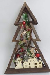 Shatchi 40cm Prelit Wooden Tree Frame Tabletop Decorations Xmas Ornament Gifts Decorated with Leaves Pine Cones Berries 3D Nordic Scene in Brown - thumbnail 4