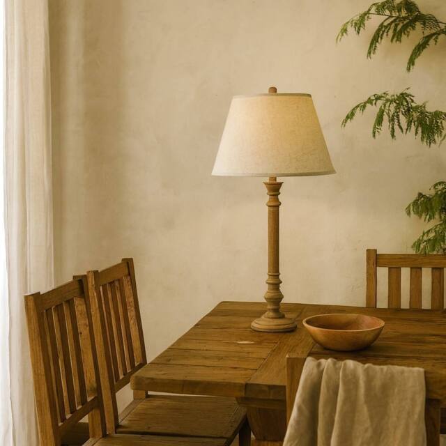 Wyld Haus Flavigny Turned Wooden Pillar Table Lamp with Cream Linen Shade in Brown - image 1