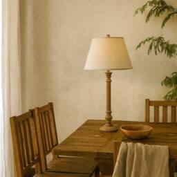 Wyld Haus Flavigny Turned Wooden Pillar Table Lamp with Cream Linen Shade in Brown - thumbnail 1