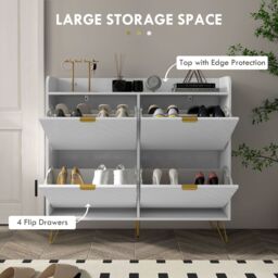 HOMCOM Slim Shoe Cabinet with 4 Flip Drawers Adjustable Shelves in White - thumbnail 4